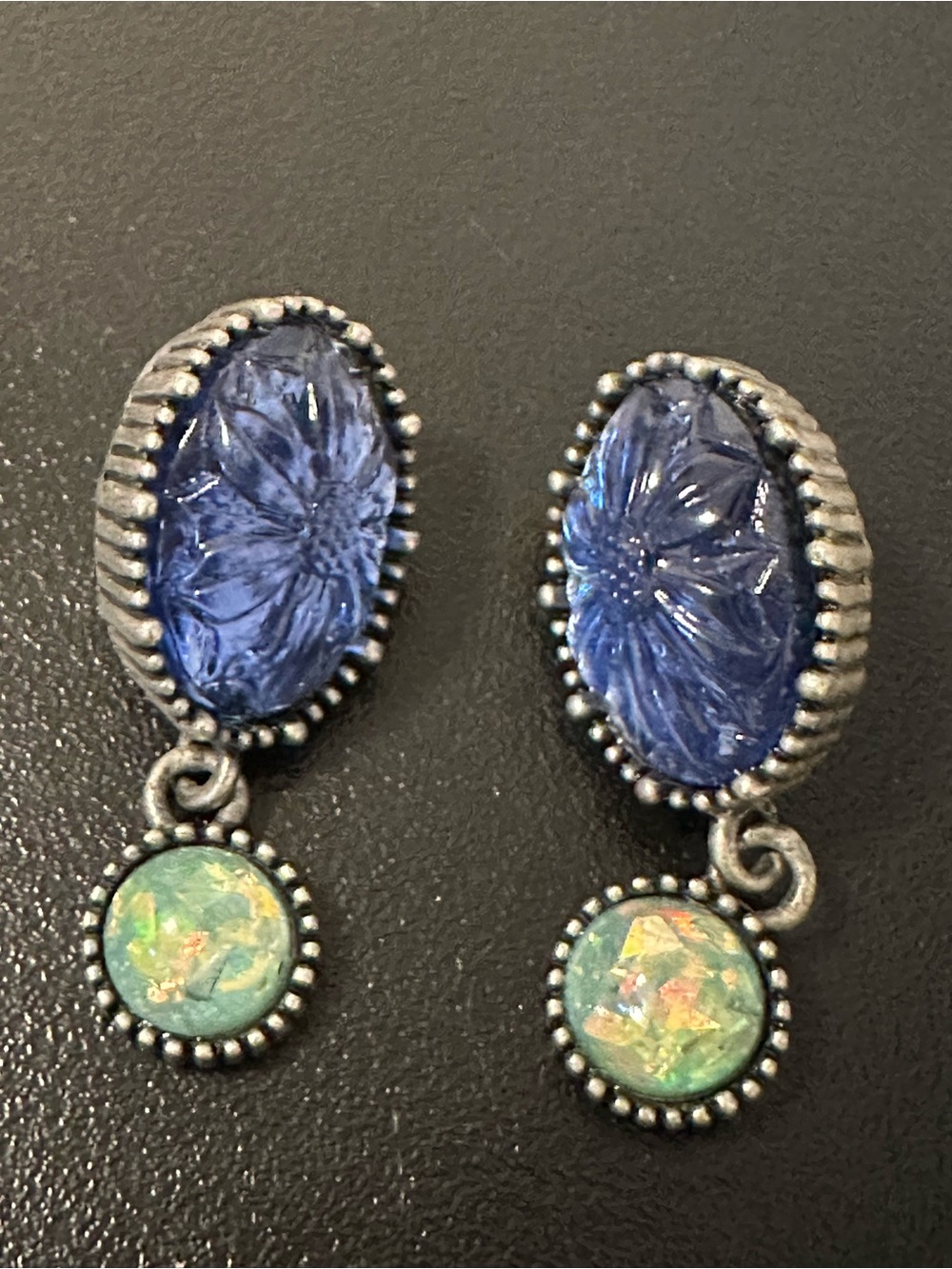 Vintage Avon earrings with carved blue floral stones Pierced earrings